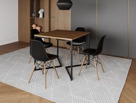Mesa Industrial Base Ferro Preto em V Tampo 90x90 Amêndoa 4 Cadeiras Eames Madeira Assento Preto Mesa Industrial Base Ferro Preto em V Tampo 90x90 Amêndoa 4 Cadeiras Eames Madeira Assento Preto