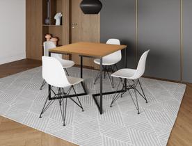 Mesa Industrial Base Ferro Preto em V Tampo 90x90 Canela 4 Cadeiras Eames Ferro Assento Branco Mesa Industrial Base Ferro Preto em V Tampo 90x90 Canela 4 Cadeiras Eames Ferro Assento Branco