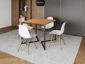 Mesa Industrial Base Ferro Preto em V Tampo 90x90 Canela 4 Cadeiras Eames Madeira Assento Branco
