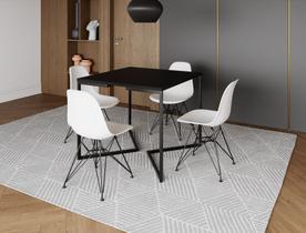 Mesa Industrial Base Ferro Preto em V Tampo 90x90 Preto 4 Cadeiras Eames Ferro Assento Branco