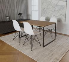Mesa Industrial Base Ferro Preto Tampo 137x90 Amendoa 4 Cadeiras Eames Ferro Preto Assento Branco