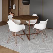 Mesa Industrial Jantar Amêndoa 110Cm Redonda Base V Com 4 Poltronas Brancas Base Cobre Amendoa