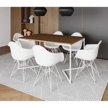 Mesa Industrial Jantar Amêndoa 137x90cm Base V com 6 Poltronas Eames Eiffel Brancas Ferro Branco Mesa Industrial Jantar Amêndoa 137x90cm Base V com 6 Poltronas Eames Eiffel Brancas Ferro Branco