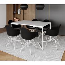 Mesa Industrial Jantar Branca 137x90cm Base V com 6 Poltronas Eames Eiffel Pretas Ferro Branco Mesa Industrial Jantar Branca 137x90cm Base V com 6 Poltronas Eames Eiffel Pretas Ferro Branco