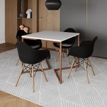 Mesa Industrial Jantar Branca Quadrada 90cm Base Cobre V com 4 Poltronas Pretas Eames Eiffel Madeira Mesa Industrial Jantar Branca Quadrada 90cm Base Cobre V com 4 Poltronas Pretas Eames Eiffel Madeira