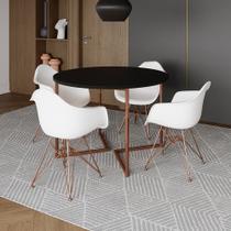 Mesa Industrial Jantar Preta 110cm Redonda Base V com 4 Poltronas Brancas Eames Eiffel Base Cobre Mesa Industrial Jantar Preta 110cm Redonda Base V com 4 Poltronas Brancas Eames Eiffel Base Cobre