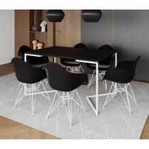 Mesa Industrial Jantar Preta 137X90Cm Base V Com 6 Poltronas Pretas Ferro Branco Preto