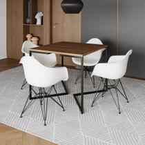 Mesa Industrial Jantar Quadrada Amêndoa 90cm Base V com 4 Poltronas Brancas Eames Eiffel Ferro Preto