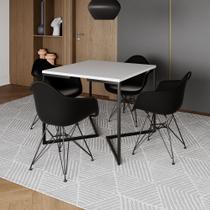 Mesa Industrial Jantar Quadrada Branca 90cm Base V com 4 Poltronas Pretas Eames Eiffel Ferro Preto Mesa Industrial Jantar Quadrada Branca 90cm Base V com 4 Poltronas Pretas Eames Eiffel Ferro Preto