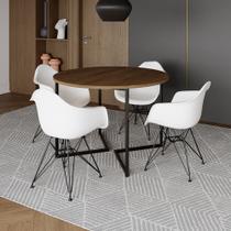 Mesa Industrial Jantar Redonda 110cm Amêndoa Base V com 4 Poltronas Brancas Eames Daw Ferro Preto Mesa Industrial Jantar Redonda 110cm Amêndoa Base V com 4 Poltronas Brancas Eames Daw Ferro Preto