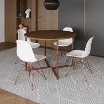Mesa Industrial Jantar Redonda Amêndoa 110Cm Base V Com 4 Cadeiras Eames Brancas Base Cobre Amendoa