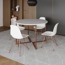 Mesa Industrial Jantar Redonda Branca 110Cm Base V Com 4 Cadeiras Eames Brancas Base Cobre Branco