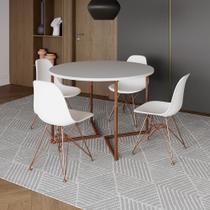 Mesa Industrial Jantar Redonda Branca 110cm Base V com 4 Cadeiras Eames Brancas Base Cobre Mesa Industrial Jantar Redonda Branca 110cm Base V com 4 Cadeiras Eames Brancas Base Cobre