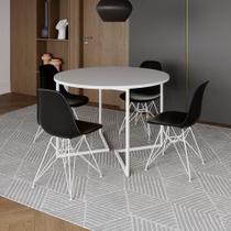 Mesa Industrial Jantar Redonda Branca 110Cm Base V Com 4 Cadeiras Eames Pretas Ferro Branco Branco