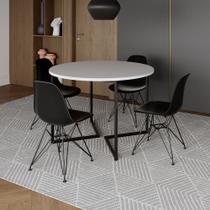 Mesa Industrial Jantar Redonda Branca 110cm Base V com 4 Cadeiras Eames Pretas Ferro Preto Mesa Industrial Jantar Redonda Branca 110cm Base V com 4 Cadeiras Eames Pretas Ferro Preto