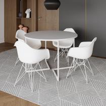 Mesa Industrial Jantar Redonda Branca 110Cm Base V Com 4 Poltronas Daw Brancas Ferro Br Branco