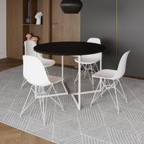 Mesa Industrial Jantar Redonda Preta 110Cm Base V Com 4 Cadeiras Eames Brancas Ferro Branco Preto
