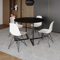 Mesa Industrial Jantar Redonda Preta 110cm Base V com 4 Cadeiras Eames Brancas Ferro Preto Mesa Industrial Jantar Redonda Preta 110cm Base V com 4 Cadeiras Eames Brancas Ferro Preto