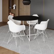 Mesa Industrial Jantar Redonda Preta 110cm Base V com 4 Poltronas Eames Eiffel Daw Brancas Ferro Bra Mesa Industrial Jantar Redonda Preta 110cm Base V com 4 Poltronas Eames Eiffel Daw Brancas Ferro Bra