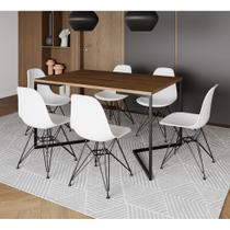 Mesa Industrial Jantar Retangular 137x90cm Amêndoa Base V com 6 Cadeiras Eames Eiffel Brancas Ferro