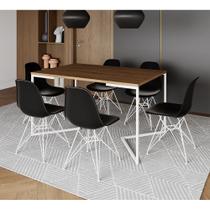 Mesa Industrial Jantar Retangular 137x90cm Amêndoa Base V com 6 Cadeiras Eames Eiffel Pretas Ferro B