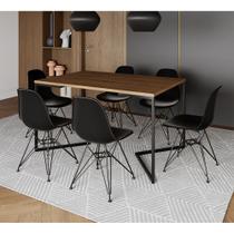 Mesa Industrial Jantar Retangular 137x90cm Amêndoa Base V com 6 Cadeiras Eames Eiffel Pretas Ferro P
