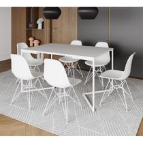 Mesa Industrial Jantar Retangular 137x90cm Branca Base V com 6 Cadeiras Eames Eiffel Brancas Ferro B - Up Home