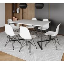 Mesa Industrial Jantar Retangular 137x90cm Branca Base V com 6 Cadeiras Eames Eiffel Brancas Ferro P
