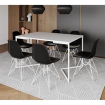 Mesa Industrial Jantar Retangular 137x90cm Branca Base V com 6 Cadeiras Eames Eiffel Pretas Ferro Br