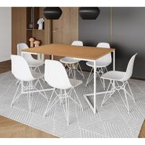 Mesa Industrial Jantar Retangular 137x90cm Canela Base V com 6 Cadeiras Eames Eiffel Brancas Ferro B