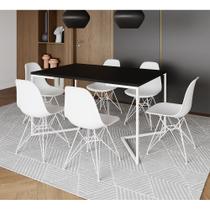 Mesa Industrial Jantar Retangular 137x90cm Preta Base V com 6 Cadeiras Eames Eiffel Brancas Ferro Br