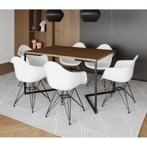 Mesa Industrial Jantar Retangular Amêndoa 137X90Cm Base V Com 6 Poltronas Brancas Ferro Amendoa