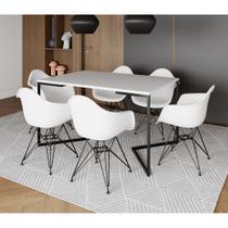 Mesa Industrial Jantar Retangular Branca 137x90cm Base V com 6 Poltronas Brancas Eames Eiffel Ferro