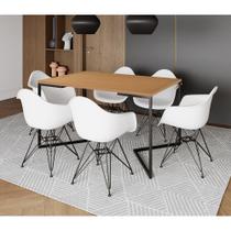Mesa Industrial Jantar Retangular Canela 137X90Cm Base V Com 6 Poltronas Brancas Ferro Canela