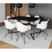 Mesa Industrial Jantar Retangular Preta 137x90cm Base V com 6 Poltronas Brancas Eames Eiffel Ferro P