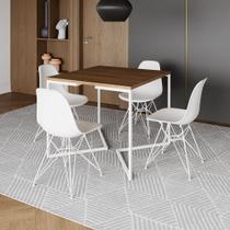 Mesa Industrial Quadrada Jantar Amêndoa 90cm Base V com 4 Cadeiras Brancas Eames Eiffel Ferro Branco