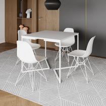 Mesa Industrial Quadrada Jantar Branca 90cm Base V com 4 Cadeiras Brancas Eames Eiffel Ferro Branco