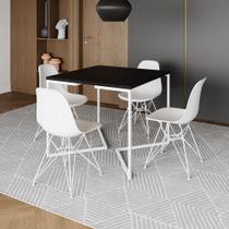 Mesa Industrial Quadrada Jantar Preta 90cm Base V com 4 Cadeiras Brancas Eames Eiffel Ferro Branco