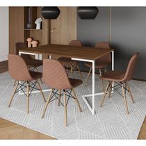 Mesa Industrial Retangular Amêndoa Base V Aço Branco 137x90cm 6 Cadeiras Madeira Estofadas Caramelo Mesa Industrial Retangular Amêndoa Base V Aço Branco 137x90cm 6 Cadeiras Madeira Estofadas Caramelo