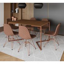 Mesa Industrial Retangular Amêndoa Base V Cobre 137x90cm C/ 6 Cadeiras Estofadas Caramelo Cobre Mesa Industrial Retangular Amêndoa Base V Cobre 137x90cm C/ 6 Cadeiras Estofadas Caramelo Cobre