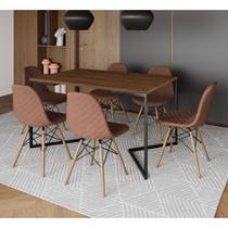 Mesa Industrial Retangular Base V Aço Preto 137x90cm Amêndoa 6 Cadeiras Madeira Estofadas Caramelo Mesa Industrial Retangular Base V Aço Preto 137x90cm Amêndoa 6 Cadeiras Madeira Estofadas Caramelo