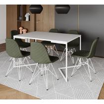 Mesa Industrial Retangular Branca Base V 137x90cm C/ 6 Cadeiras Estofadas Verdes Eiffel Aço Branco