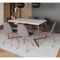 Mesa Industrial Retangular Branca Base V Cobre 137x90cm 6 Cadeiras Estofadas Grafite Eiffel Cobre Mesa Industrial Retangular Branca Base V Cobre 137x90cm 6 Cadeiras Estofadas Grafite Eiffel Cobre