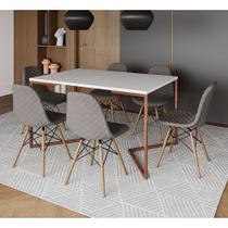 Mesa Industrial Retangular Branca Base V Cobre 137x90cm com 6 Cadeiras Madeira Estofadas Grafite