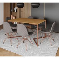 Mesa Industrial Retangular Canela Base V Cobre 137x90cm C/ 6 Cadeiras Estofadas Grafite Cobre