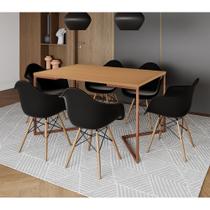 Mesa Industrial Retangular Jantar 137x90cm Canela Base Cobre V com 6 Poltronas Pretas Eames Eiffel M