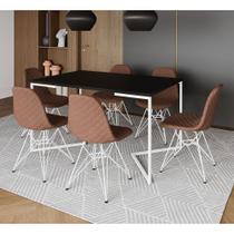 Mesa Industrial Retangular Preta Base V 137x90cm C/ 6 Cadeiras Estofadas Caramelo Eiffel Aço Branco