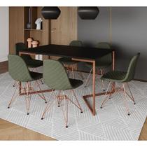 Mesa Industrial Retangular Preta Base V Cobre 137x90cm C/ 6 Cadeiras Estofadas Verdes Eames Cobre