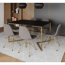 Mesa Industrial Retangular Preta Base V Dourada 137x90cm 6 Cadeiras Estofadas Grafite Dourada
