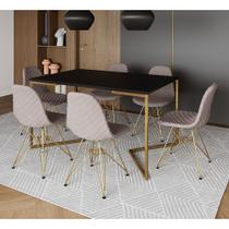 Mesa Industrial Retangular Preta Base V Dourada 137x90cm 6 Cadeiras Estofadas Nude Médio Dourada